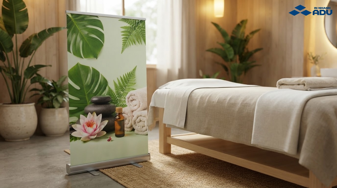Standee spa phong cách thiên nhiên cạnh lá xanh, đá nóng, hoa sen và khăn cuộn