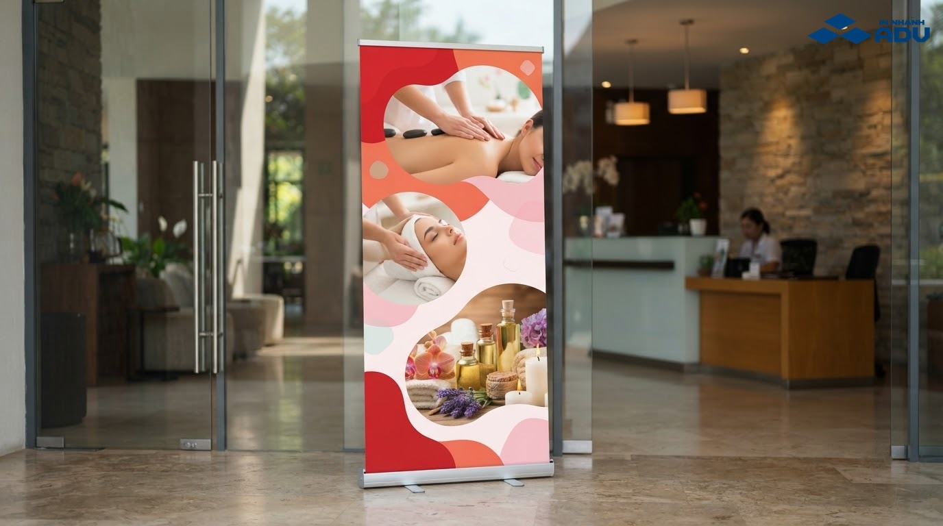 Standee khai trương spa tông đỏ cam hồng ở lối vào