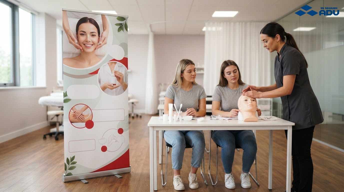 Standee spa bên cạnh nhân viên mặc đồng phục và học viên tại khu vực đào tạo