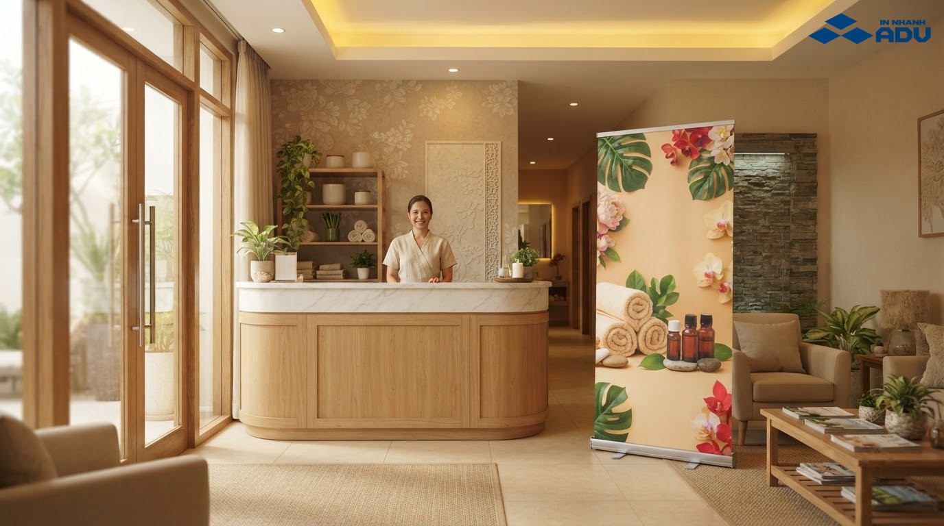 Standee spa hoàn thiện đặt tại sảnh lễ tân đồng bộ với nội thất