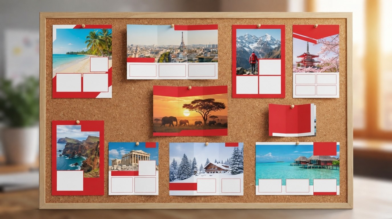 Moodboard nhiều mẫu tờ rơi và tờ gấp quảng bá tour du lịch
