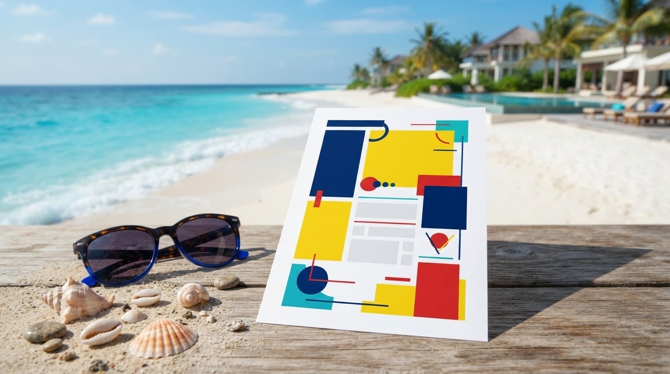 Mockup tờ rơi du lịch biển đảo với hình bãi biển và khu nghỉ dưỡng