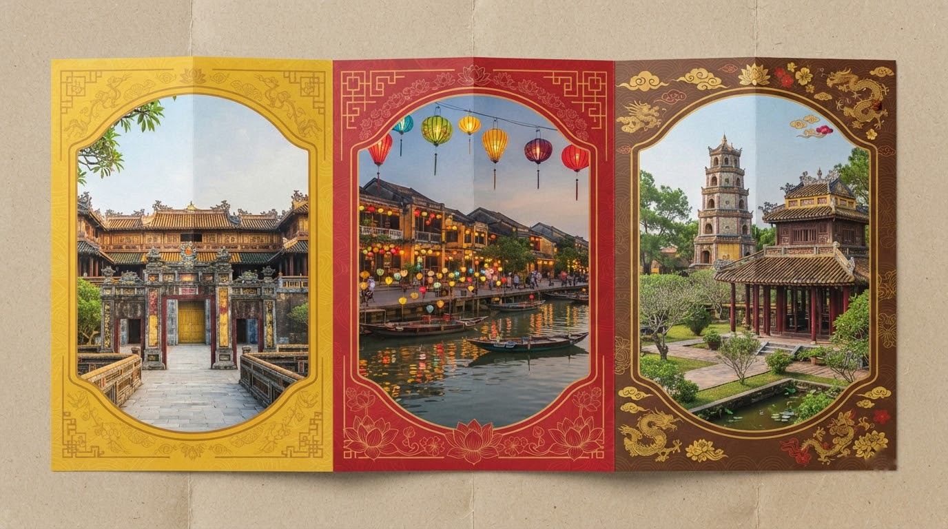 Tờ gấp du lịch văn hóa với kiến trúc Huế, Hội An và chùa cổ