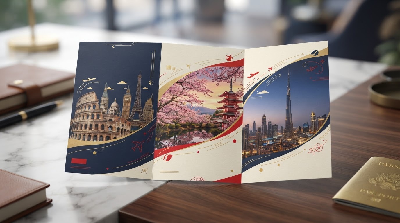 Brochure tour quốc tế cao cấp với hình phong cảnh châu Âu, Nhật Bản và Dubai