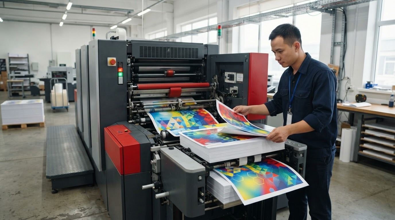 Máy in kỹ thuật số công nghiệp đang vận hành tại xưởng in hiện đại