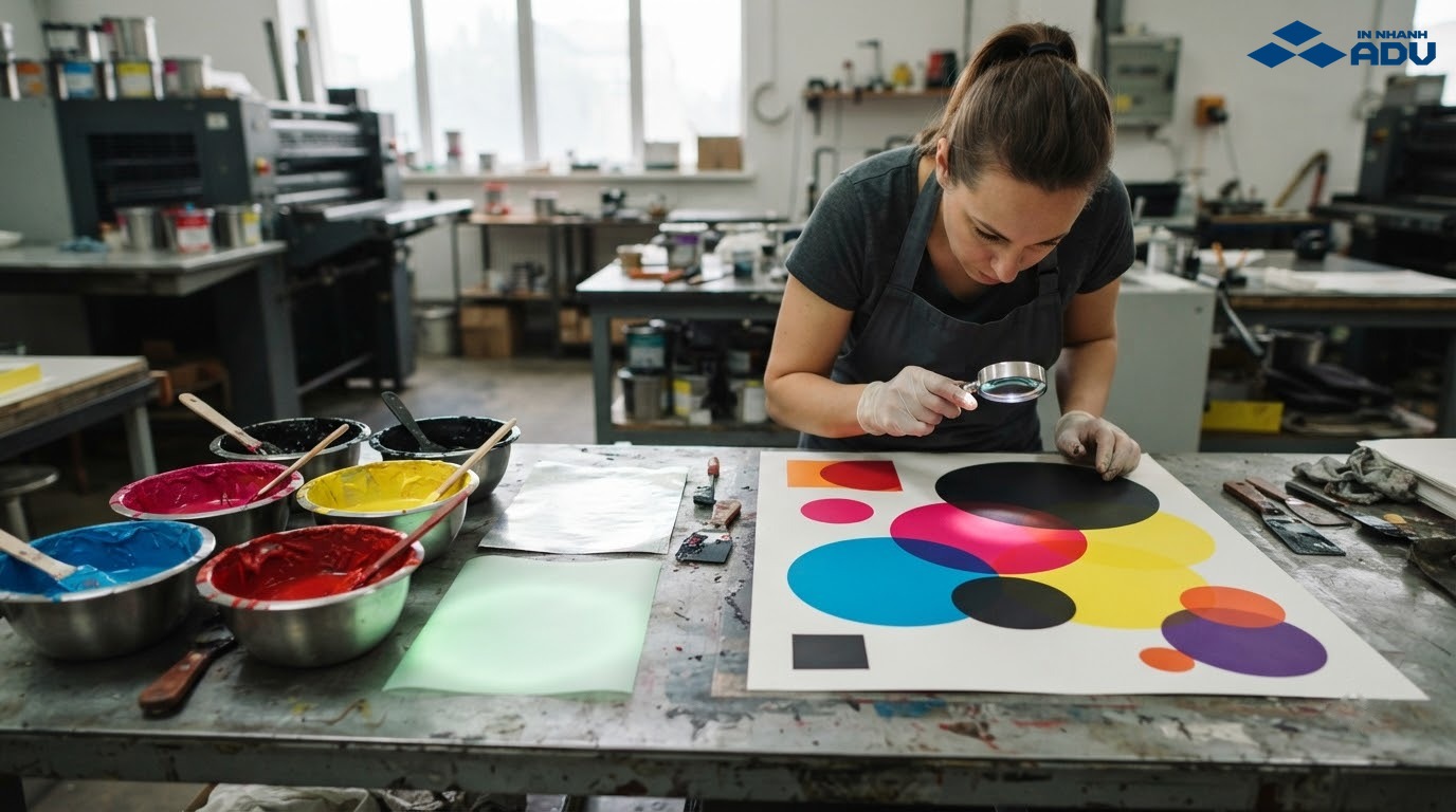 Mực CMYK, màu điểm, nhũ bạc và mực hiệu ứng tại bàn pha màu
