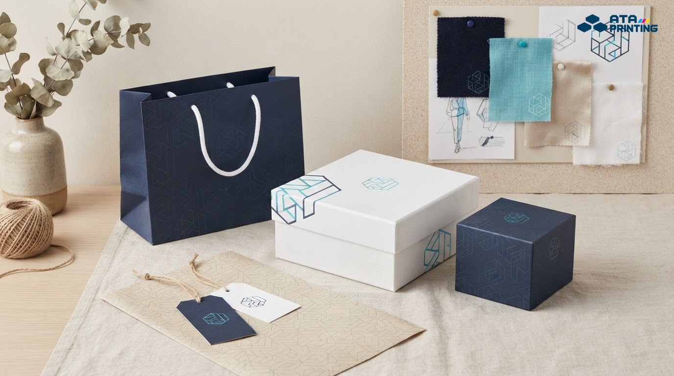 Hệ thống nhận diện shop thời trang đồng bộ trên túi, hộp và thẻ treo