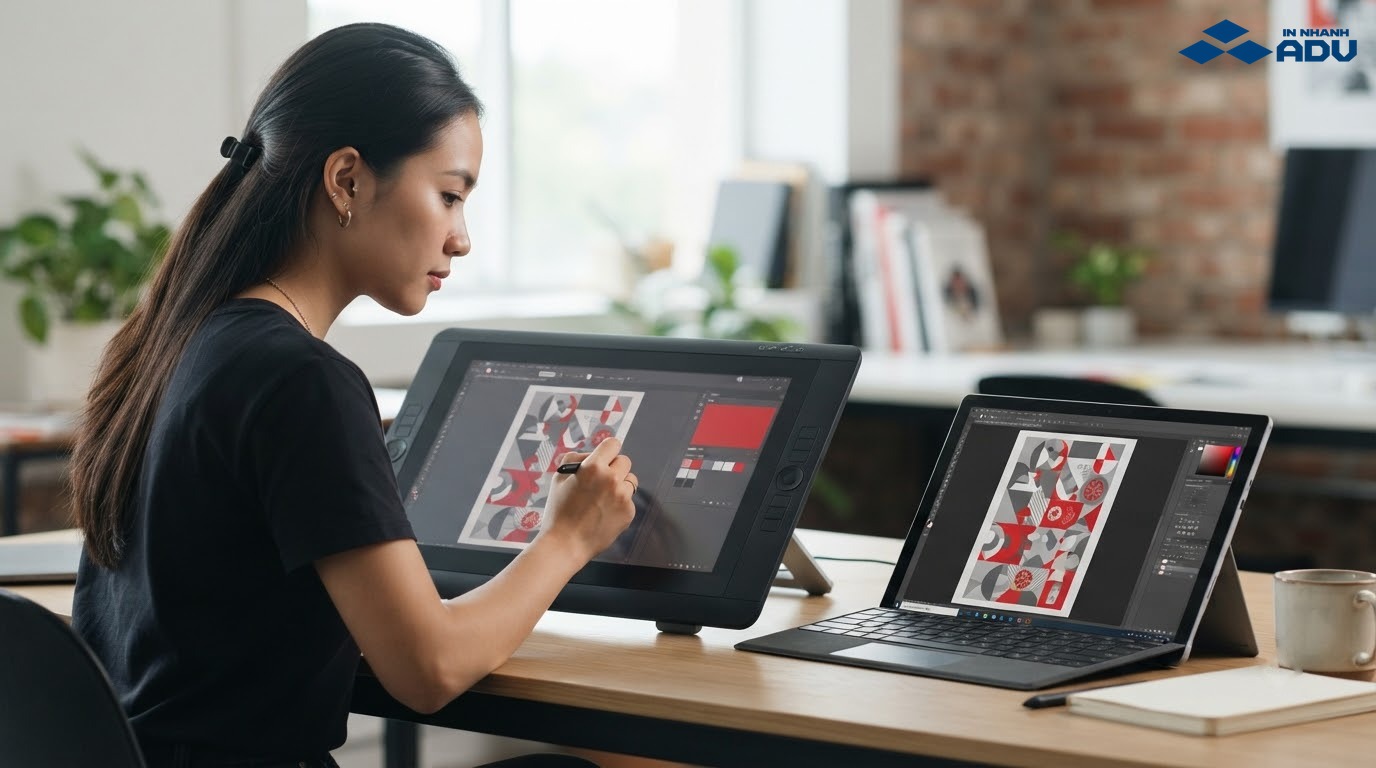 Nhà thiết kế chỉnh màu và bố cục poster trên nhiều thiết bị