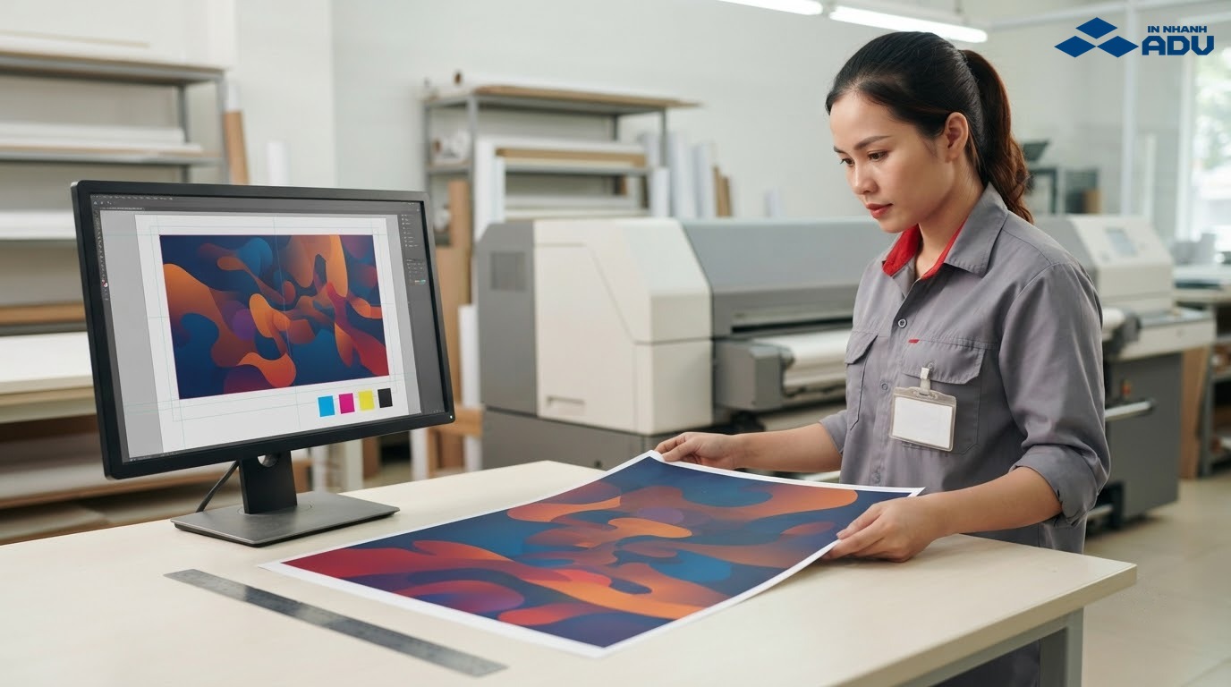 Kỹ thuật viên kiểm tra kích thước màu sắc và vùng tràn lề poster