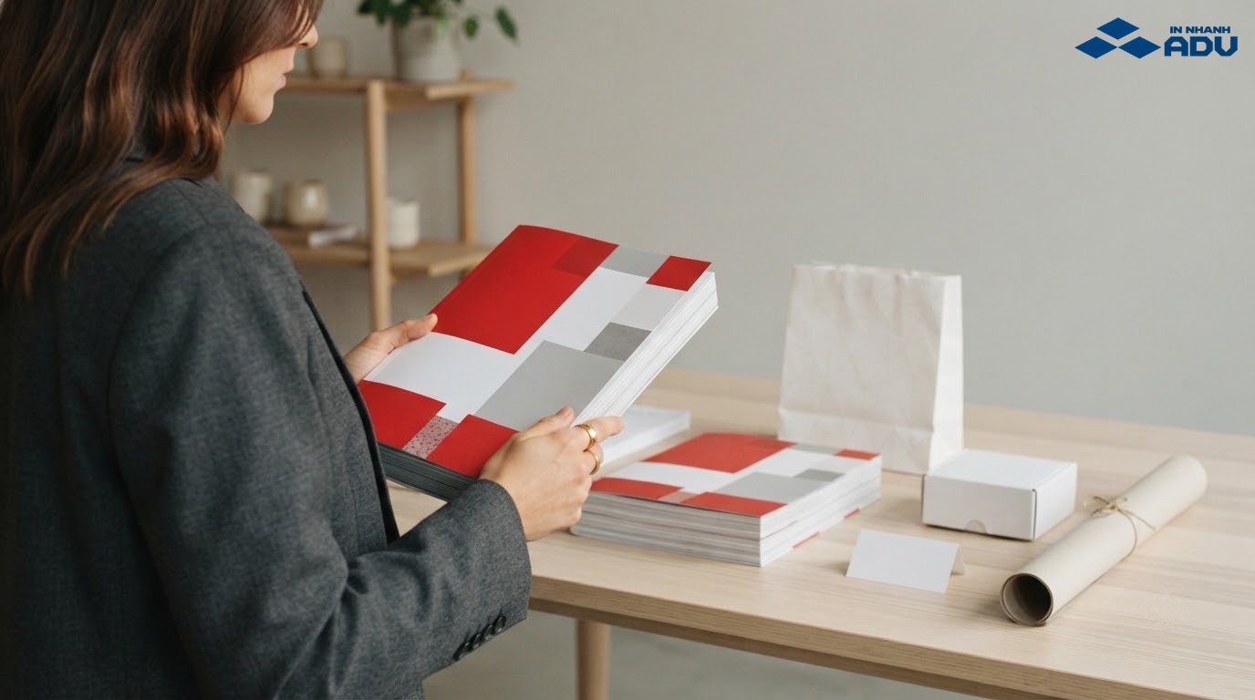 Khách hàng tương tác với tờ rơi catalogue và bao bì quảng cáo