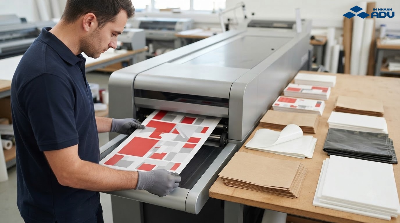 Máy in công nghiệp cùng các mẫu giấy decal và vật liệu quảng cáo