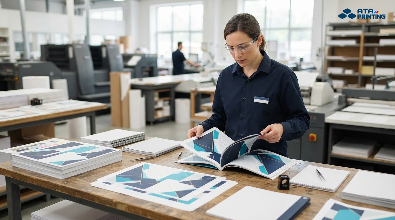 Nhân viên xưởng in kiểm tra catalogue từ bản in đến thành phẩm đóng gáy