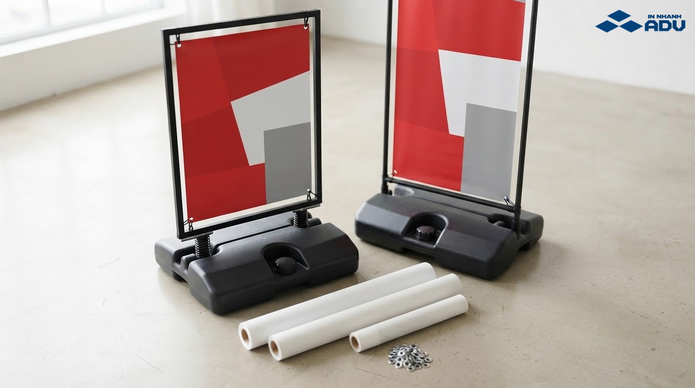 Các mẫu standee đế nước và vật liệu in poster trọn gói
