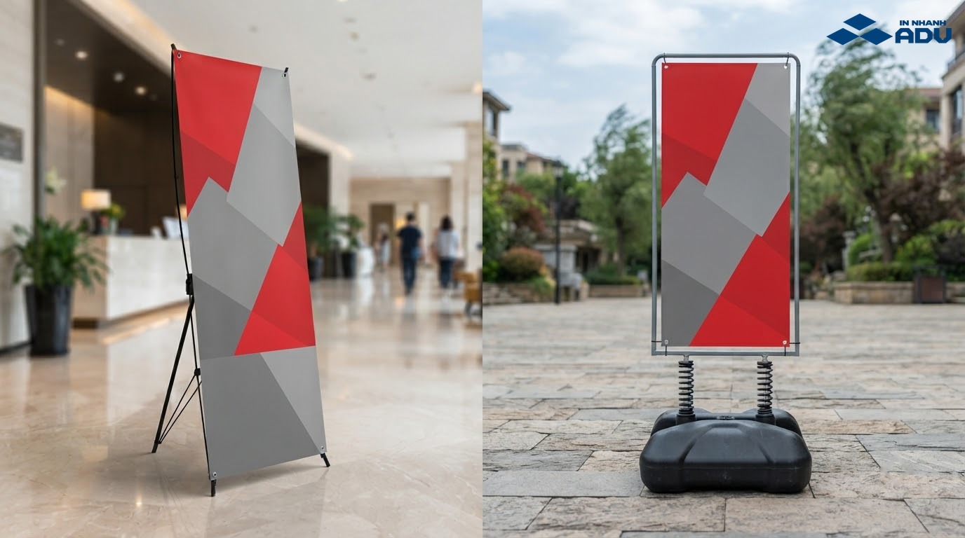 So sánh standee đế nước ngoài trời với standee chữ X trong nhà
