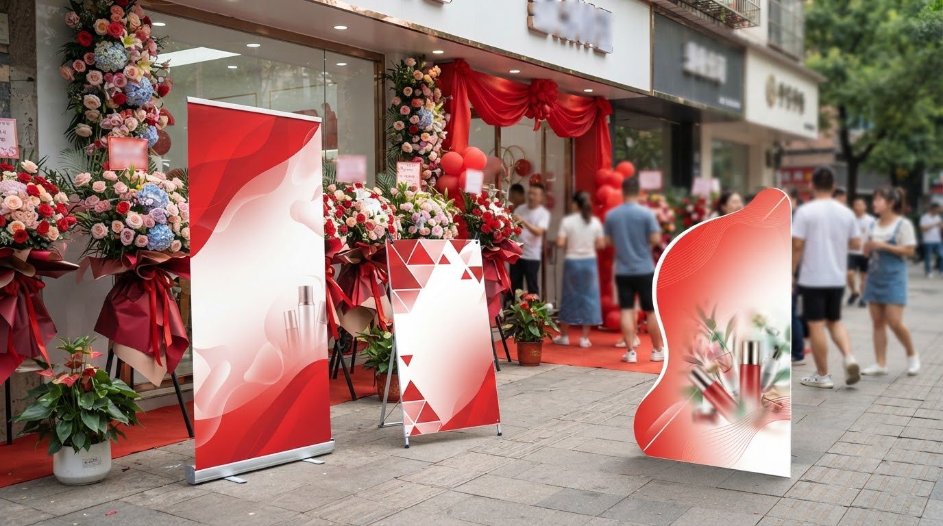 Các mẫu standee khai trương đặt trước cửa hàng mới