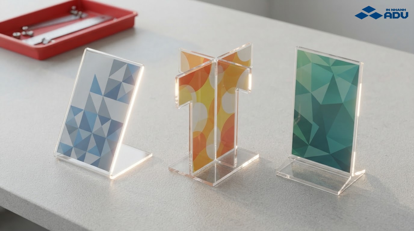 Các kiểu standee mica A5 chữ L chữ T và đế rời
