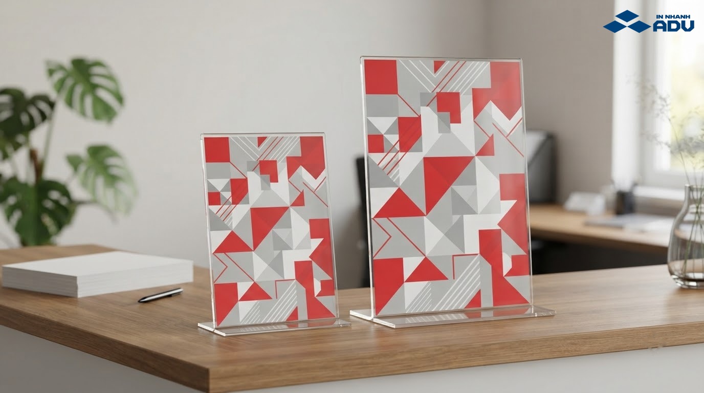 Standee mica A5 và A4 đặt cạnh nhau trên bàn