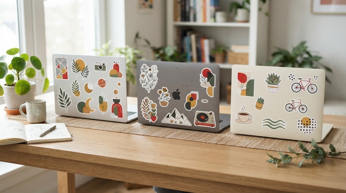 Ba laptop trang trí sticker hình học, lá cây và vật dụng sáng tạo nhiều màu