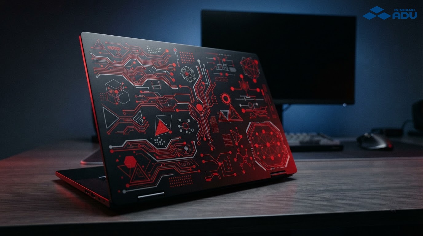 Laptop dán sticker bo mạch và khối hình học trừu tượng trong góc làm việc công nghệ