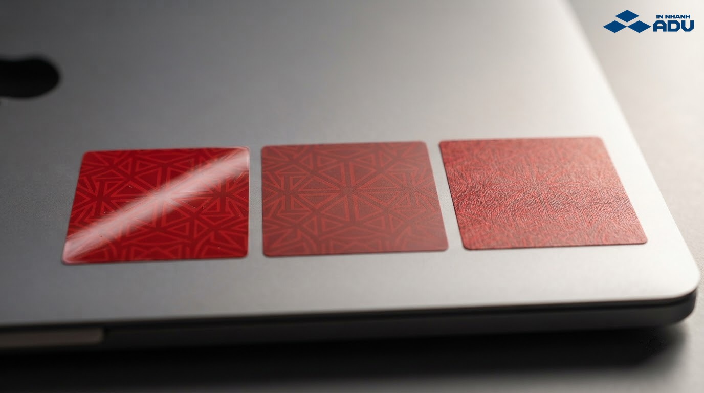Ba bề mặt sticker cán màng bóng, màng mờ và màng nhám trên vỏ laptop