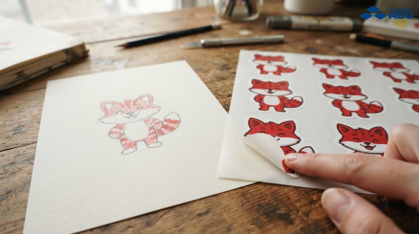 Bản phác thảo mascot cạnh sticker die-cut đã in và được lột một góc khỏi lớp đế