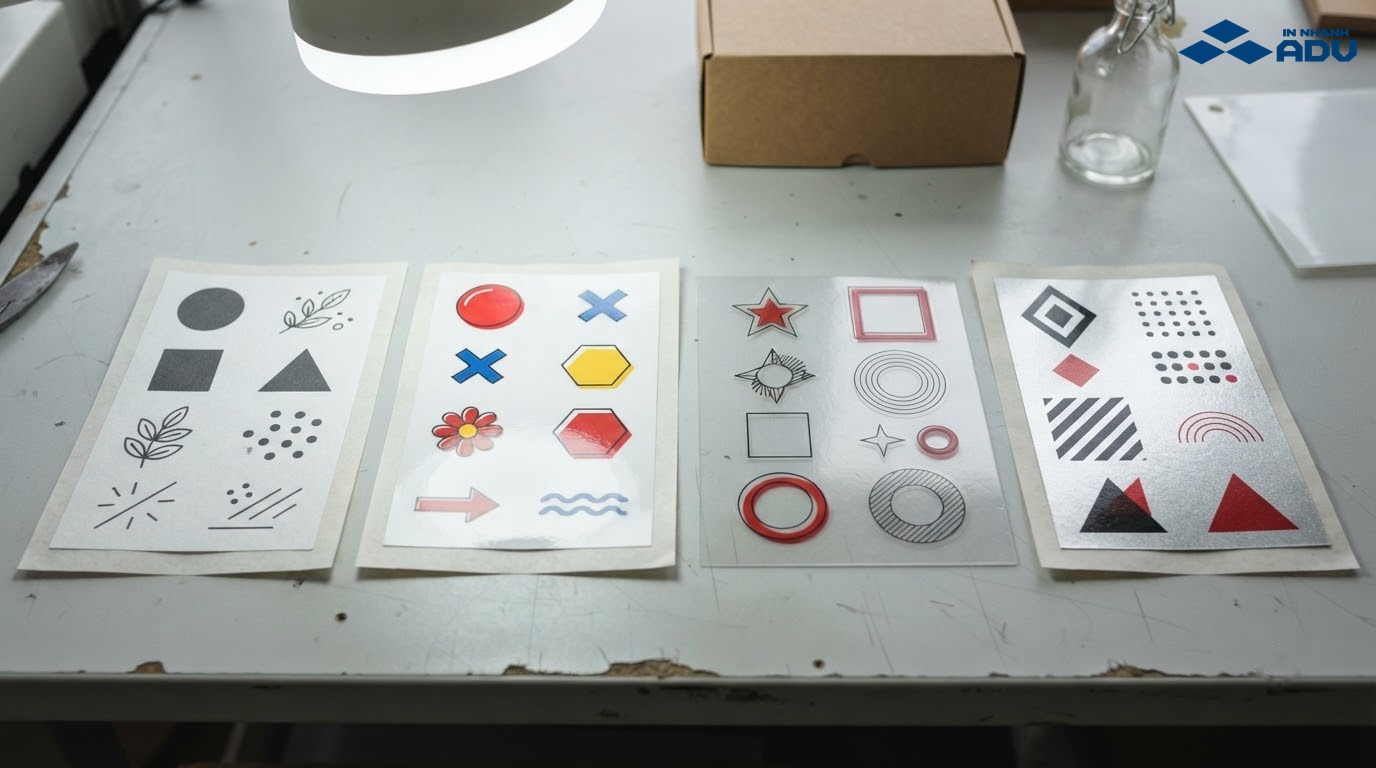 Các mẫu vật liệu sticker gồm decal giấy, vinyl trắng, decal trong và decal ánh kim