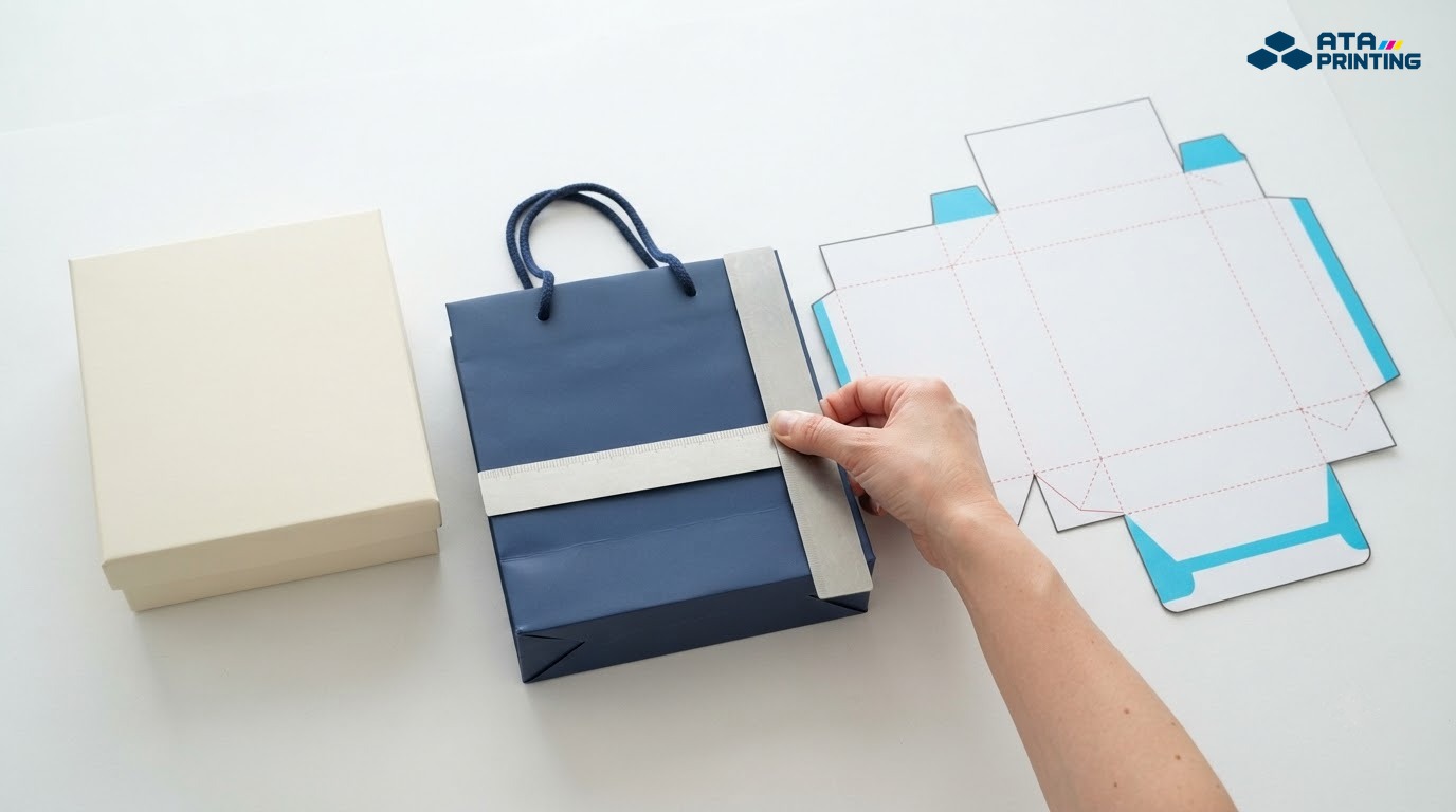Mẫu bế túi giấy trơn được đối chiếu với hộp quà để chọn kích thước phù hợp