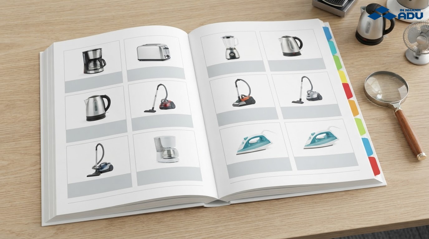 Cuốn catalog mở trình bày nhiều nhóm sản phẩm theo hệ thống
