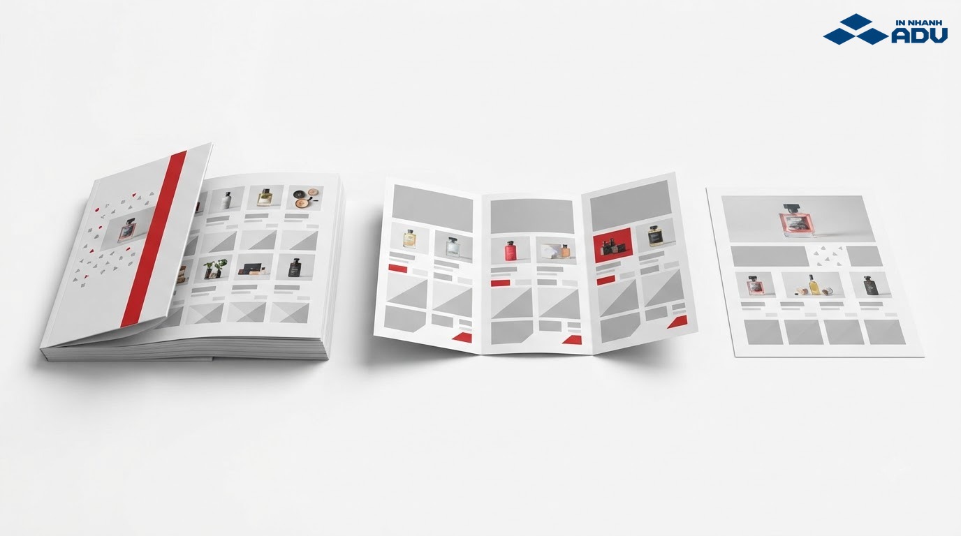 So sánh catalog dày, brochure gấp và flyer một tờ