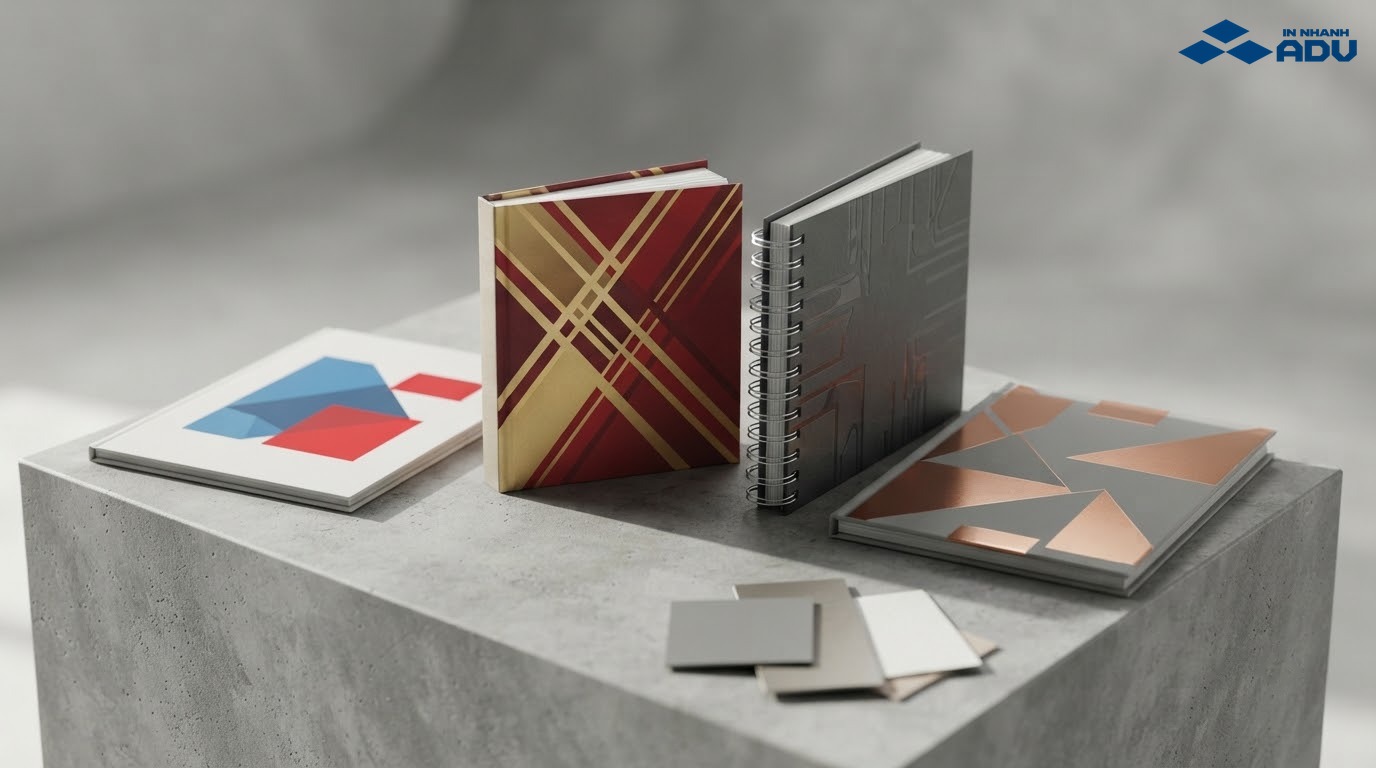 Mẫu catalog đóng kim, keo gáy vuông và lò xo với bề mặt gia công