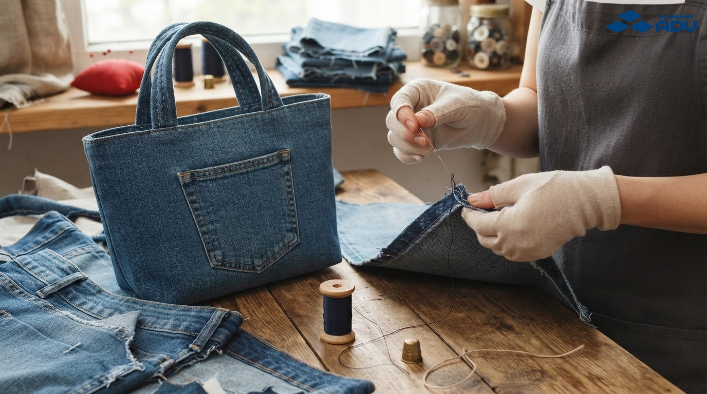 Túi xách tái chế từ quần jeans cũ với túi sau làm ngăn phụ