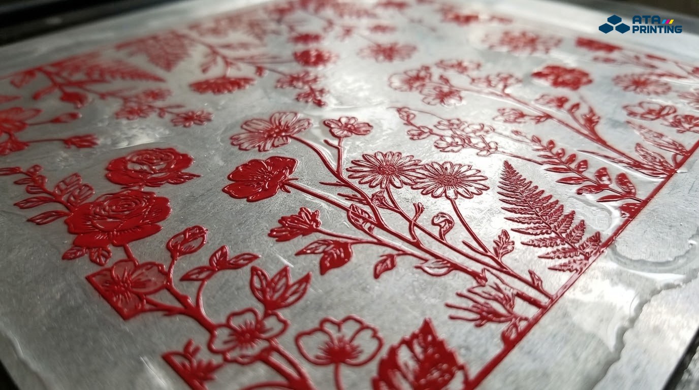 Bề mặt bản kẽm có mực đỏ chỉ bám ở vùng hình, vùng nền ướt nước và sạch mực