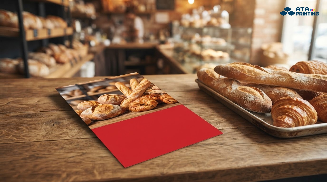 Tờ rơi khổ A5 in ảnh bánh mì và bánh sừng bò đặt trên quầy tiệm bánh
