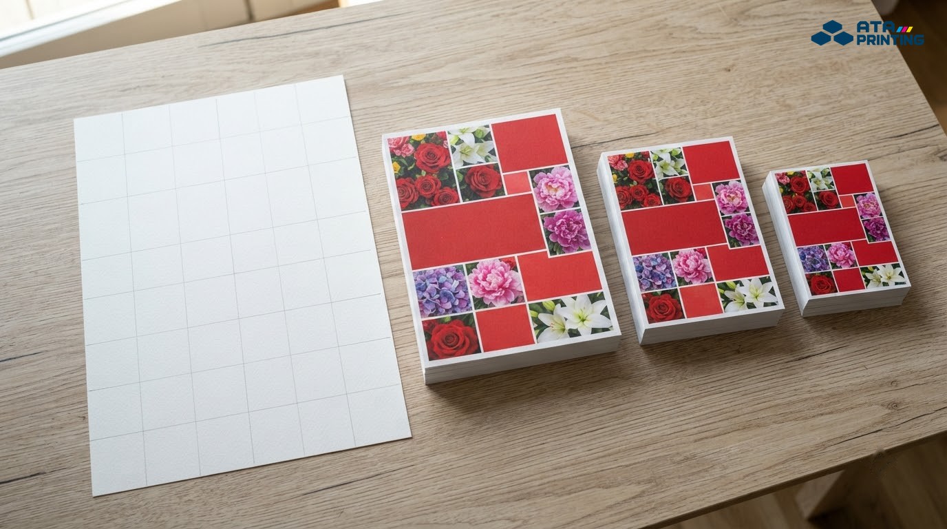 Tờ giấy khổ lớn kẻ chia ô cạnh các chồng tờ rơi A4, A5, A6 xếp giảm dần