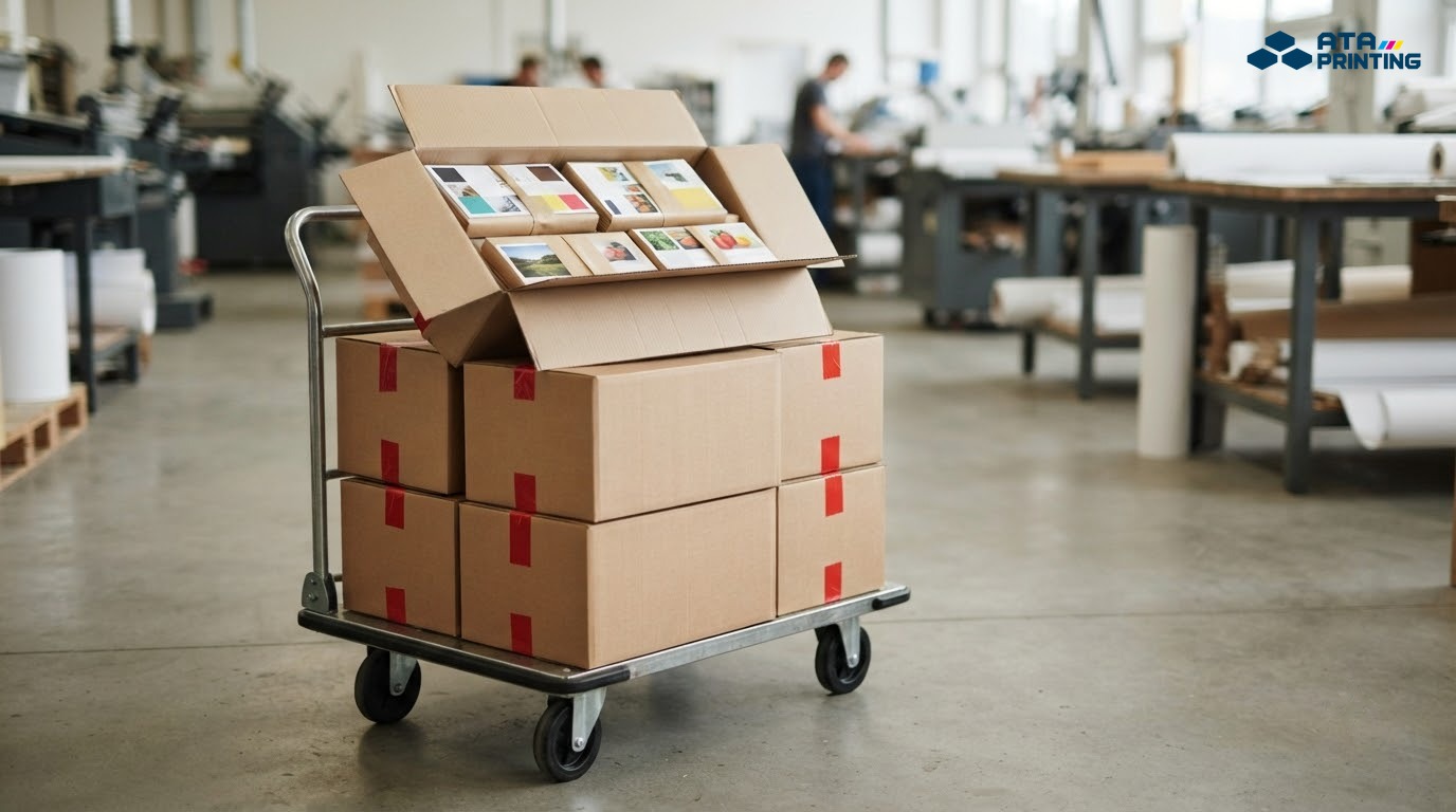 Các thùng carton tờ rơi thành phẩm xếp trên xe đẩy hàng trong xưởng