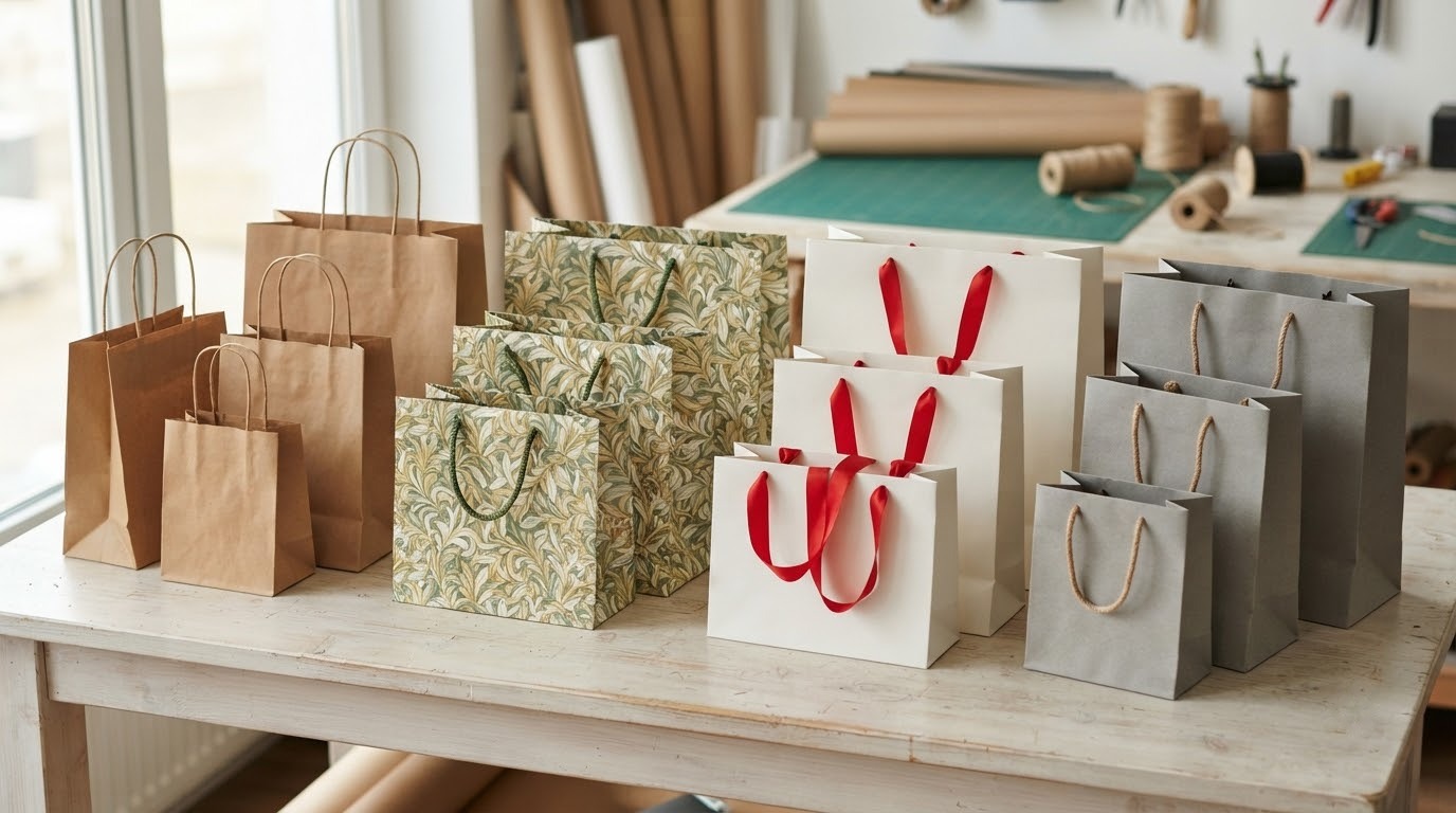 Túi giấy kraft, túi couche và túi ivory nhiều màu xếp cạnh nhau trên bàn xưởng