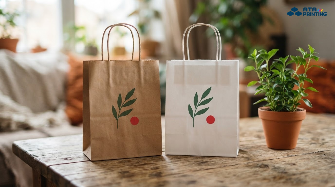 Túi giấy kraft nâu và kraft trắng quai giấy xoắn đứng cạnh nhau