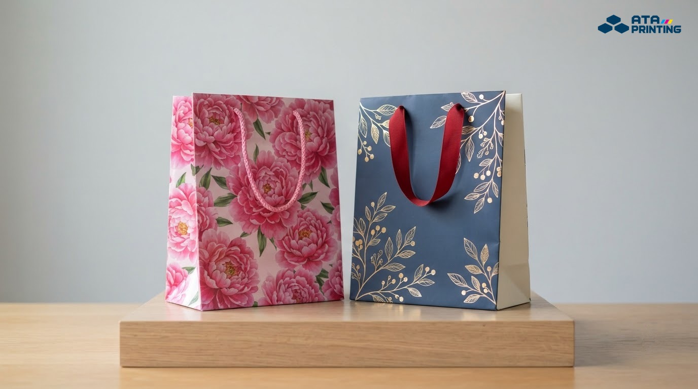 Túi couche cán bóng và túi ivory cán mờ in họa tiết hoa, quai ruy băng