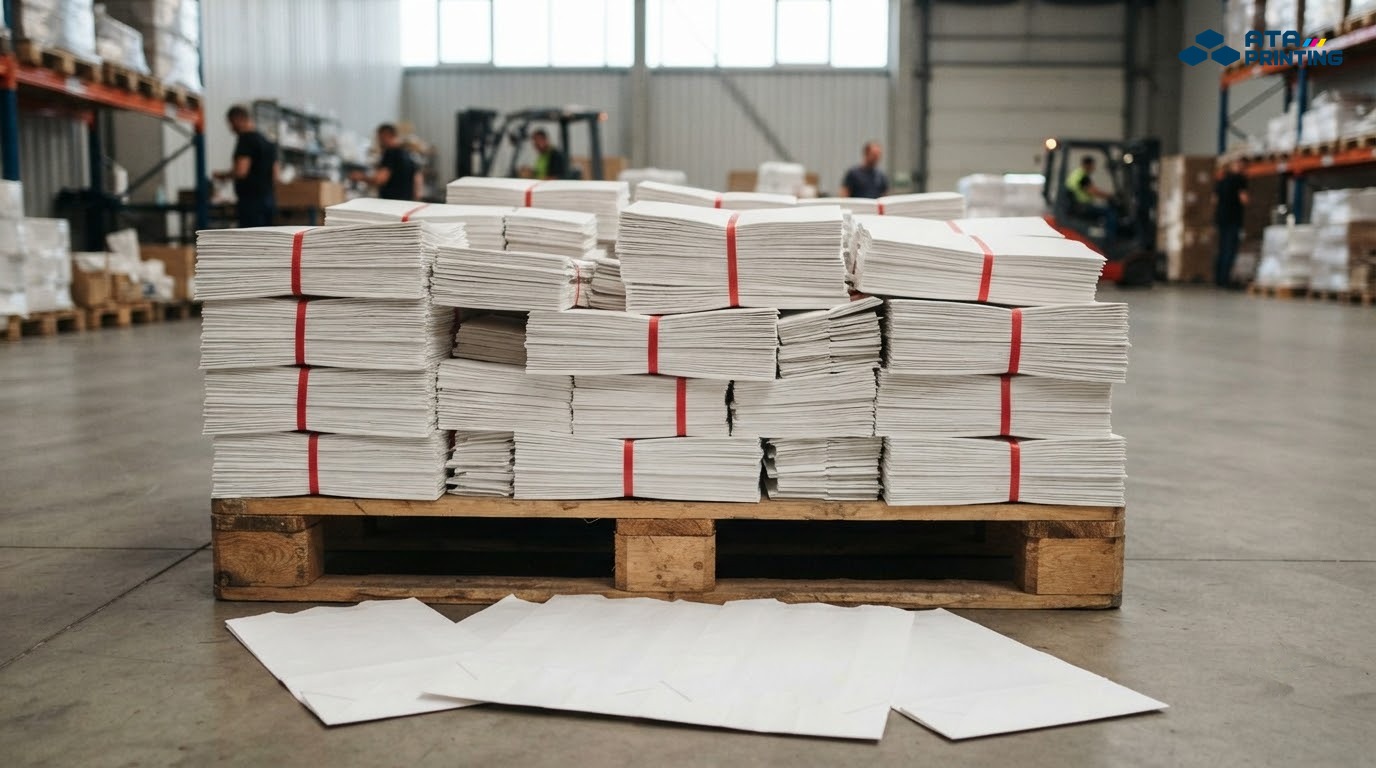 Hàng trăm túi giấy thành phẩm xếp chồng ngay ngắn trên pallet trong kho xưởng
