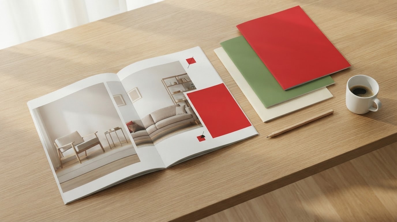 Bàn thiết kế với cuốn catalogue nội thất mở trang đôi, các tấm bìa màu mẫu và tách cà phê