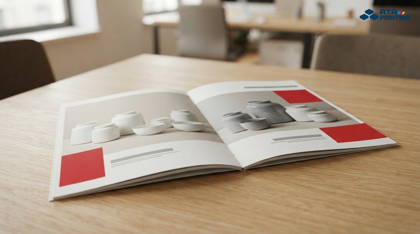 Cuốn catalogue mở trang đôi giới thiệu sản phẩm gốm trên bàn họp