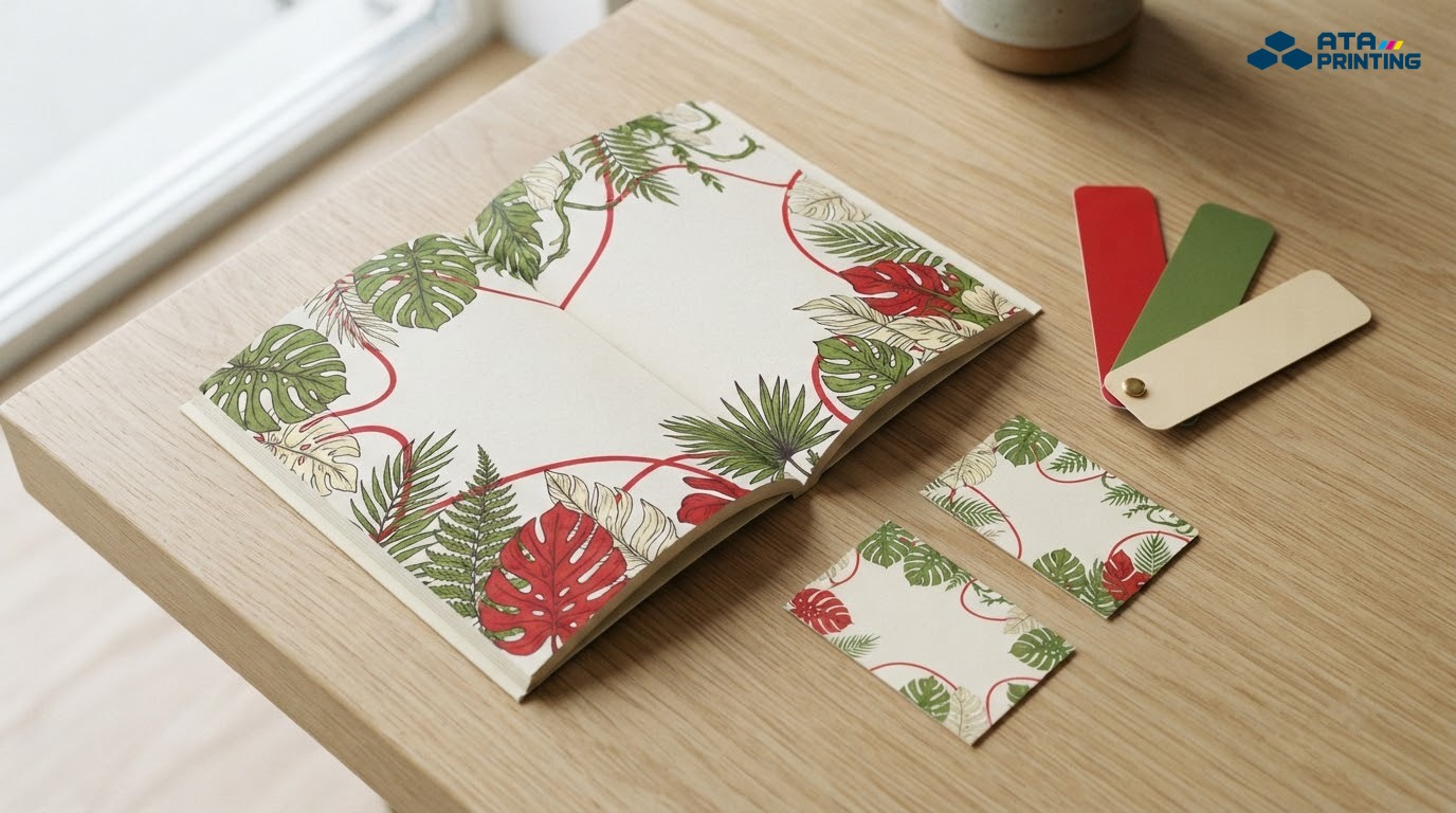 Trang catalogue có họa tiết minh họa riêng cạnh mẫu màu và danh thiếp cùng tông