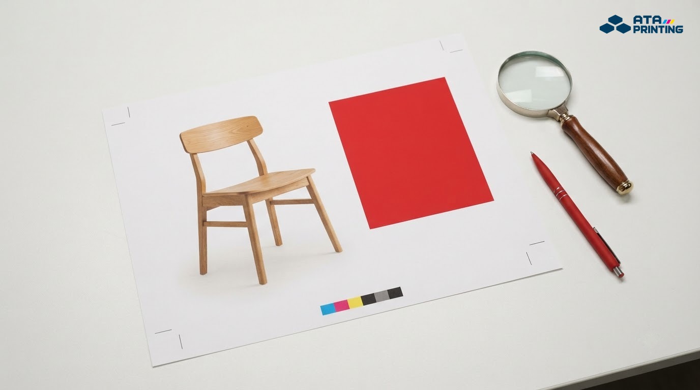 Bản in thử trang catalogue có vạch cắt và dải màu, đặt cạnh kính lúp