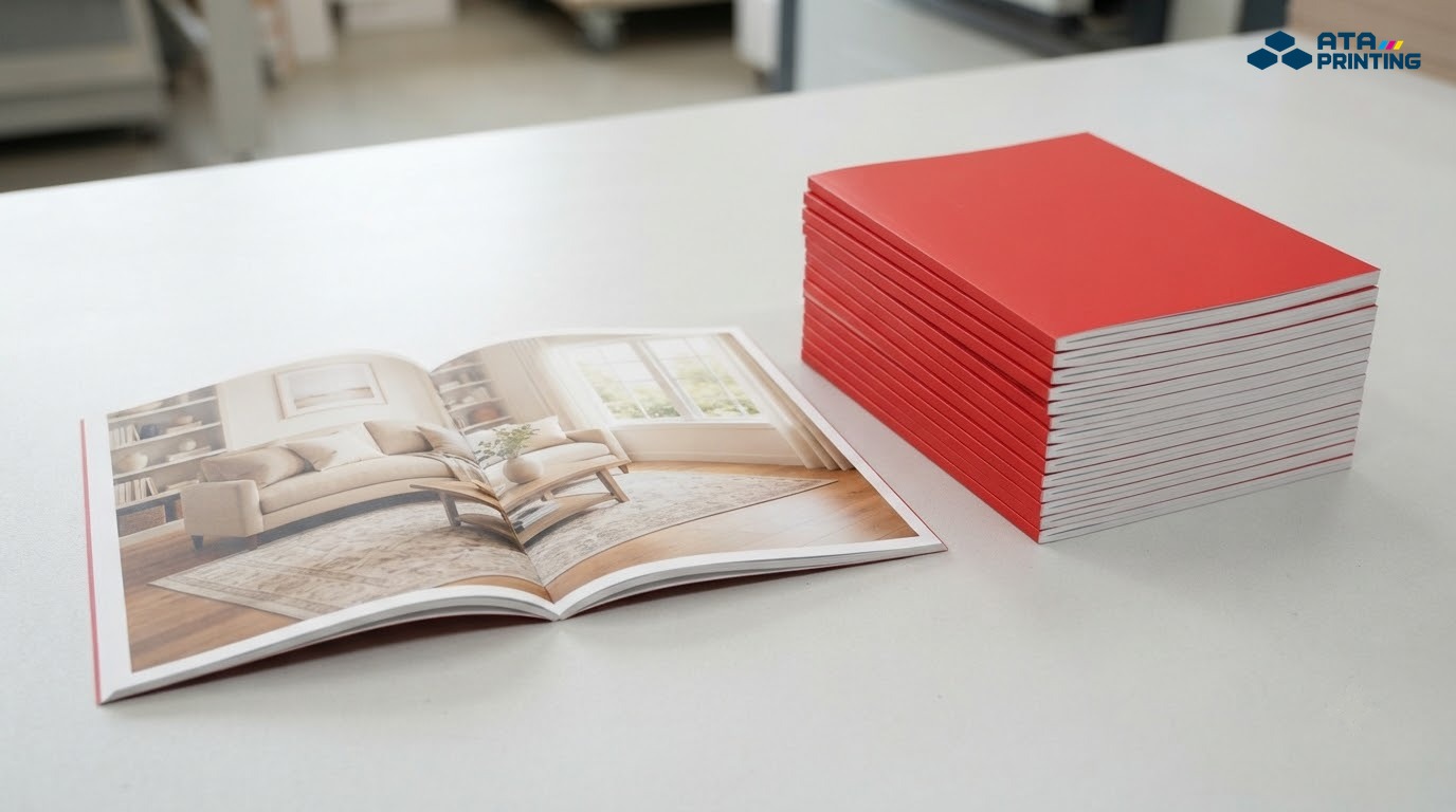 Chồng catalogue thành phẩm bìa đỏ cán mờ, một cuốn mở ra phía trước