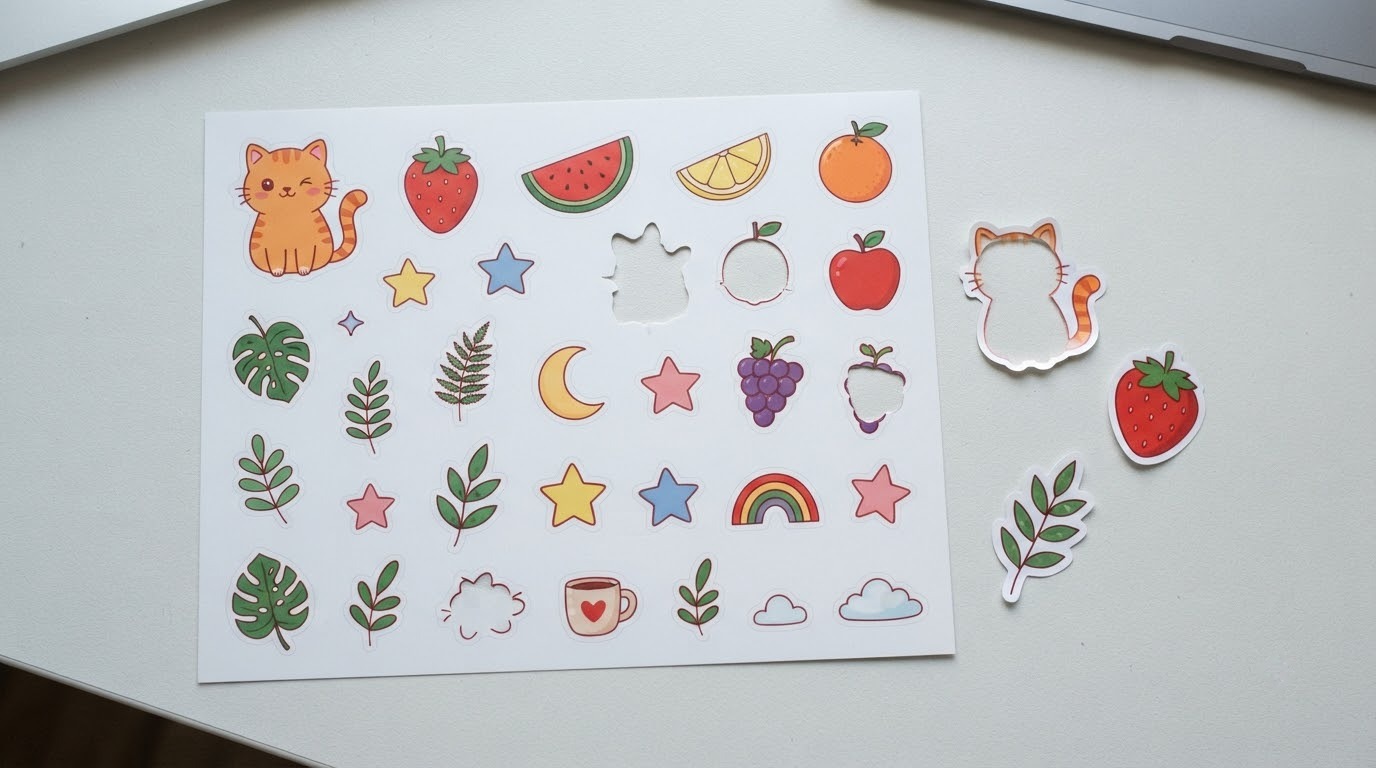 Tờ sticker bế theo hình nhiều mẫu và các sticker đã bóc rời trên bàn