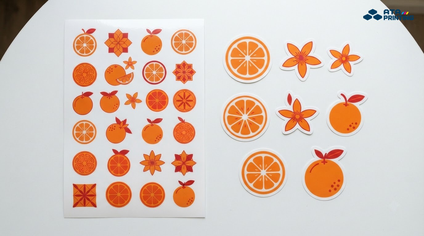 Tờ decal bế demi còn trên đế cạnh các sticker bế đứt rời từng chiếc