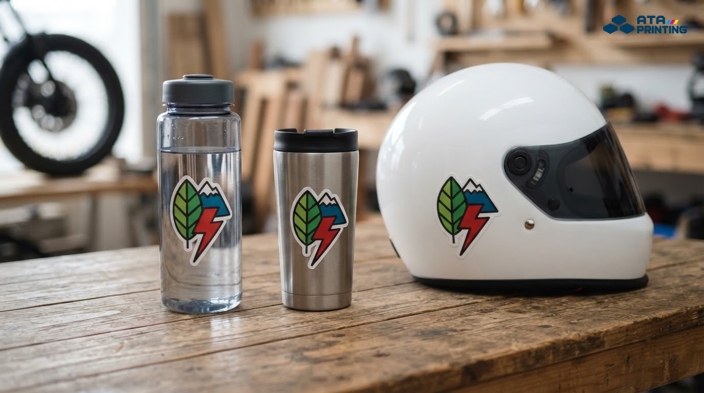 Các mẫu decal in mực bền màu dán trên chai nhựa, ly giữ nhiệt và mũ bảo hiểm