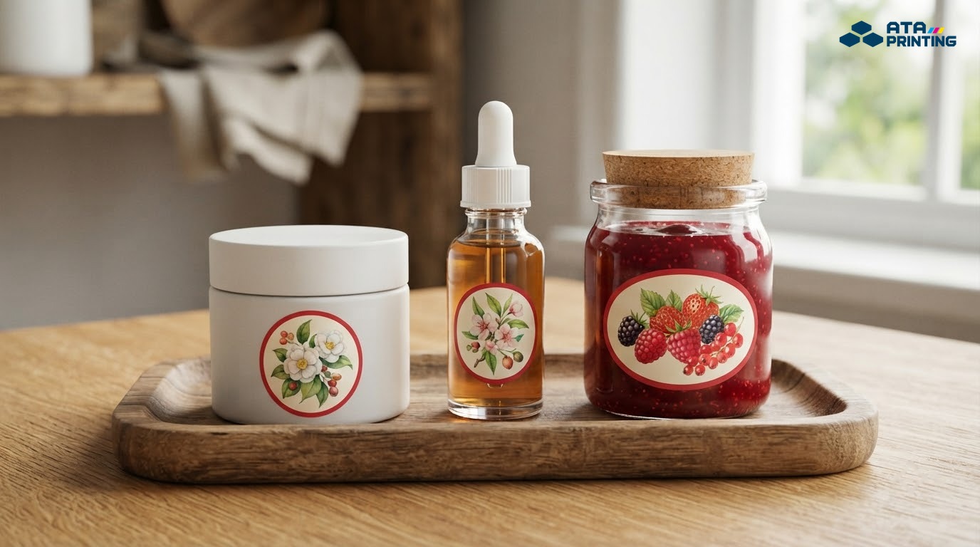 Hũ kem, chai serum và hũ mứt dán tem decal bế hình oval và tròn