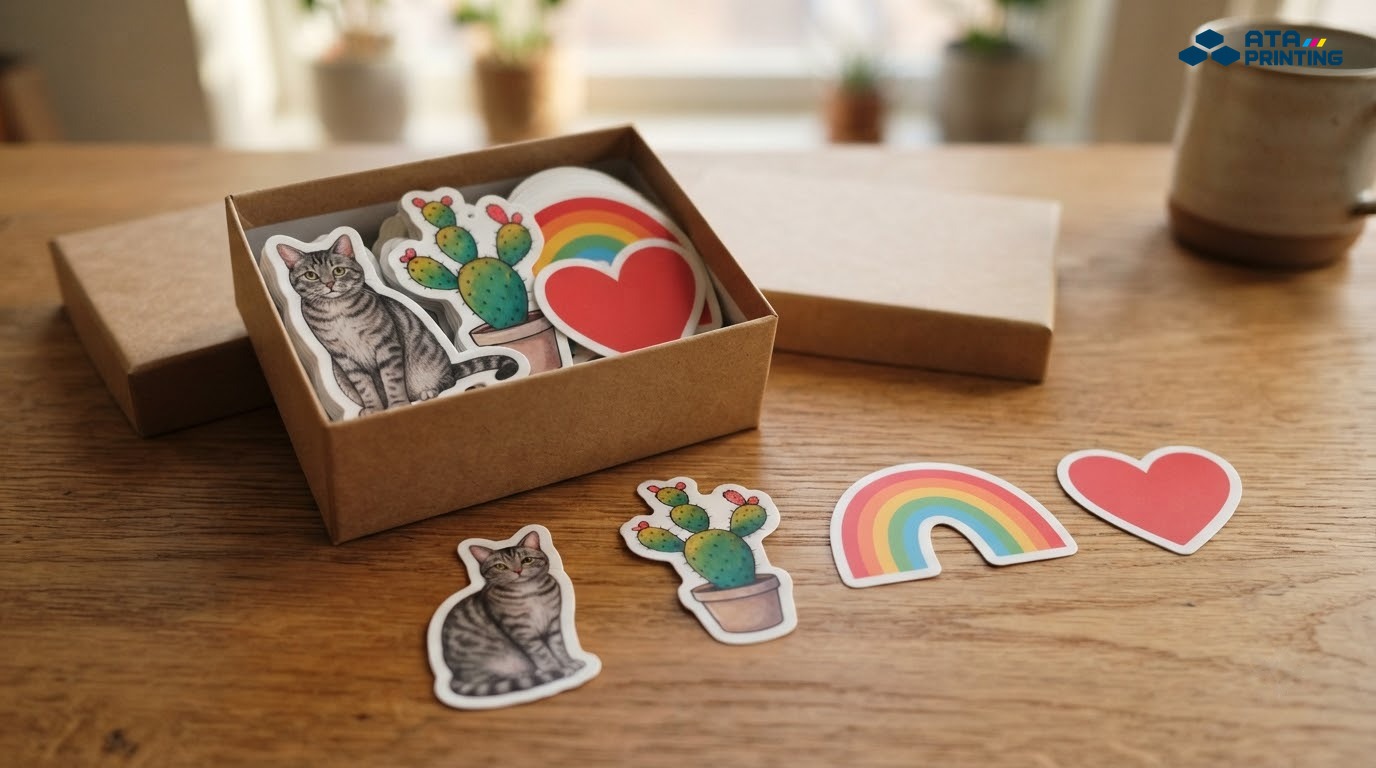 Gói quà kèm bộ sticker bế hình mèo, cây xương rồng và cầu vồng
