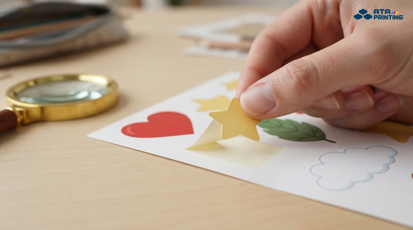 Tay bóc thử một sticker bế để kiểm tra đường cắt và lớp đế còn nguyên